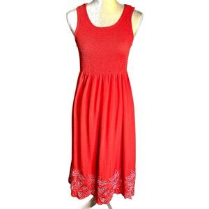 Jane Ashley Maxi Sundress Size M Orange Smocked Bodice White Embroidery At Hem